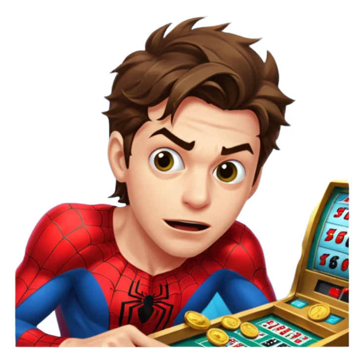 disheveled spiderman losing money at a slot machine, panicked face, coins flying sticker
