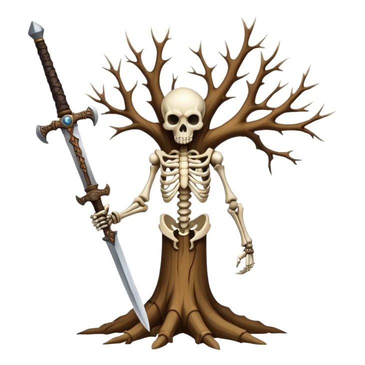 a tree made of bones with eyes holding a sword sticker