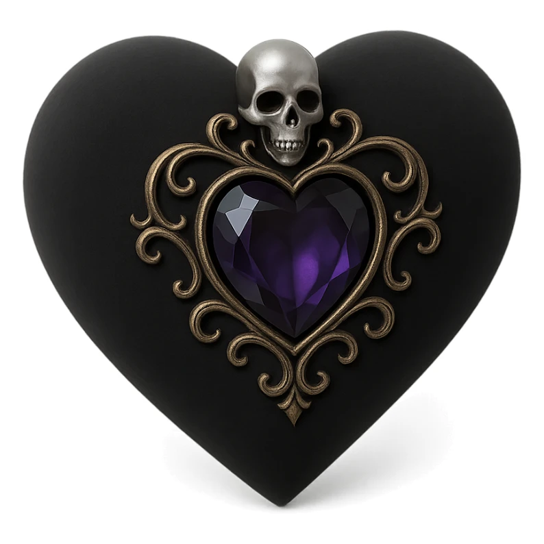 3D black style gothic heart, black velvet texture, silver skull charm, deep purple gemstone, ornate and dark gothic design sticker
