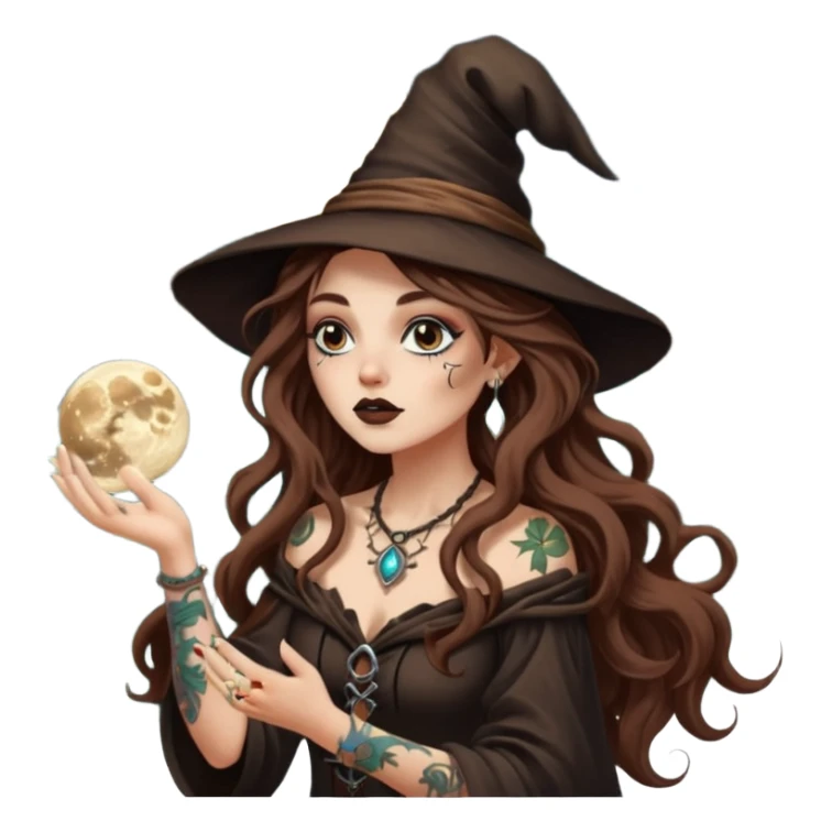 forest witch woman long wavy brown hair tattoos blowing moon dust sticker