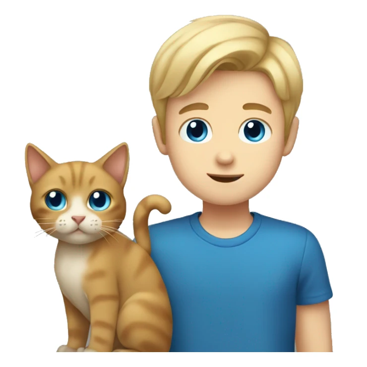 Boy with blonde hair holding blue eyes brown cat sticker