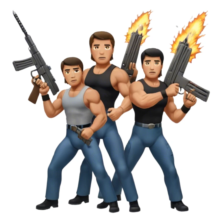 Icon for Action Movies: Schwarzenegger as John Matrix in Commando and Stallone as John Rambo in Rambo, both in iconic action poses with weapons, intense expressions, and explosive backgrounds. Powerful and dynamic with dramatic lighting. Transparent background. sticker