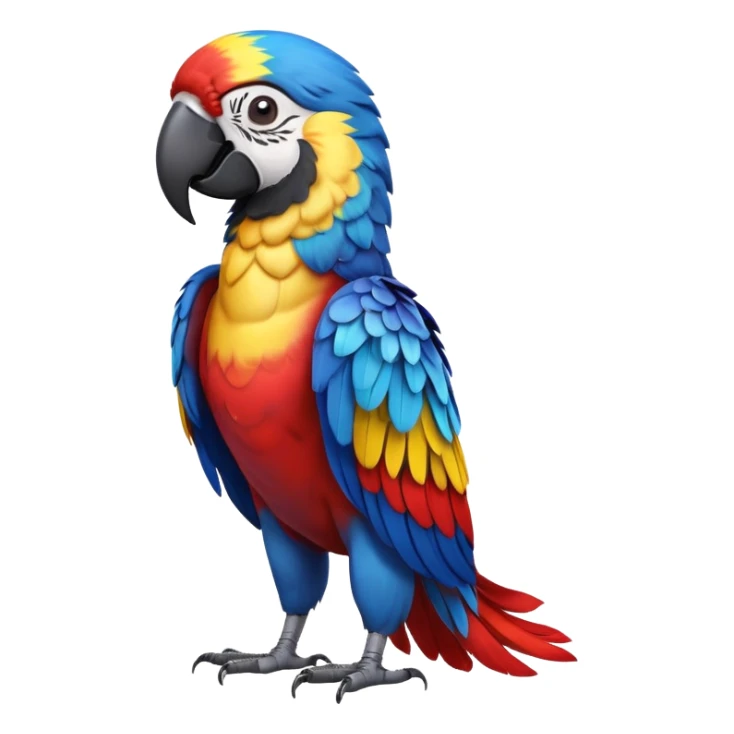 cinematic-macaw-realistic-full-body-standing-emoji,-vibrant-feathers-glowing-with-rich-reds,-blues,-and-yellows,-head-tilted-dramatically,-curved-black-beak-gleaming,-piercing-dark-eyes-exuding-confidence,-simplified-yet-realistic-focused sticker