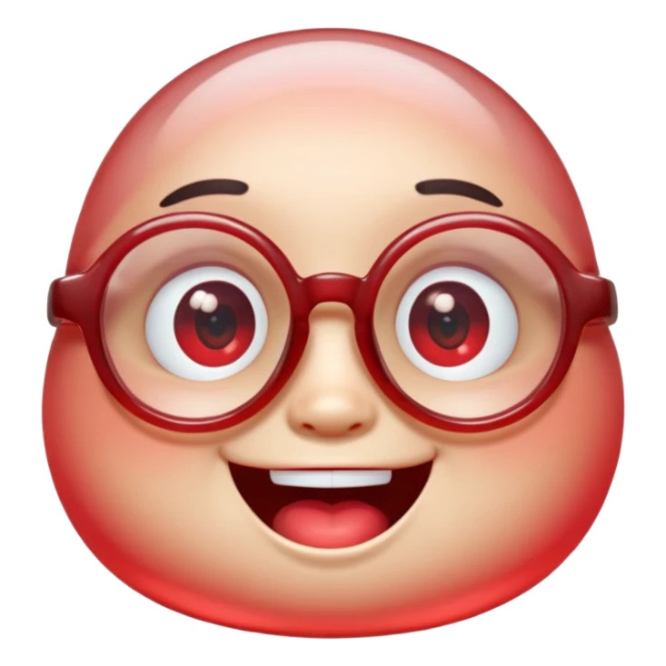 A single chubby crystal gemstone character wearing cute round glasses, chunky and irregular with faceted sides (not egg-shaped), [red] gradient, big glossy eyes behind the glasses and a wide happy smile, 3D cartoon game icon style, high detail, soft lighting, centered on a plain dark background sticker