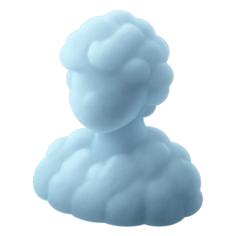 person made entirely of white fluffy convex clouds, shoulder up, front view, matte glass style sticker