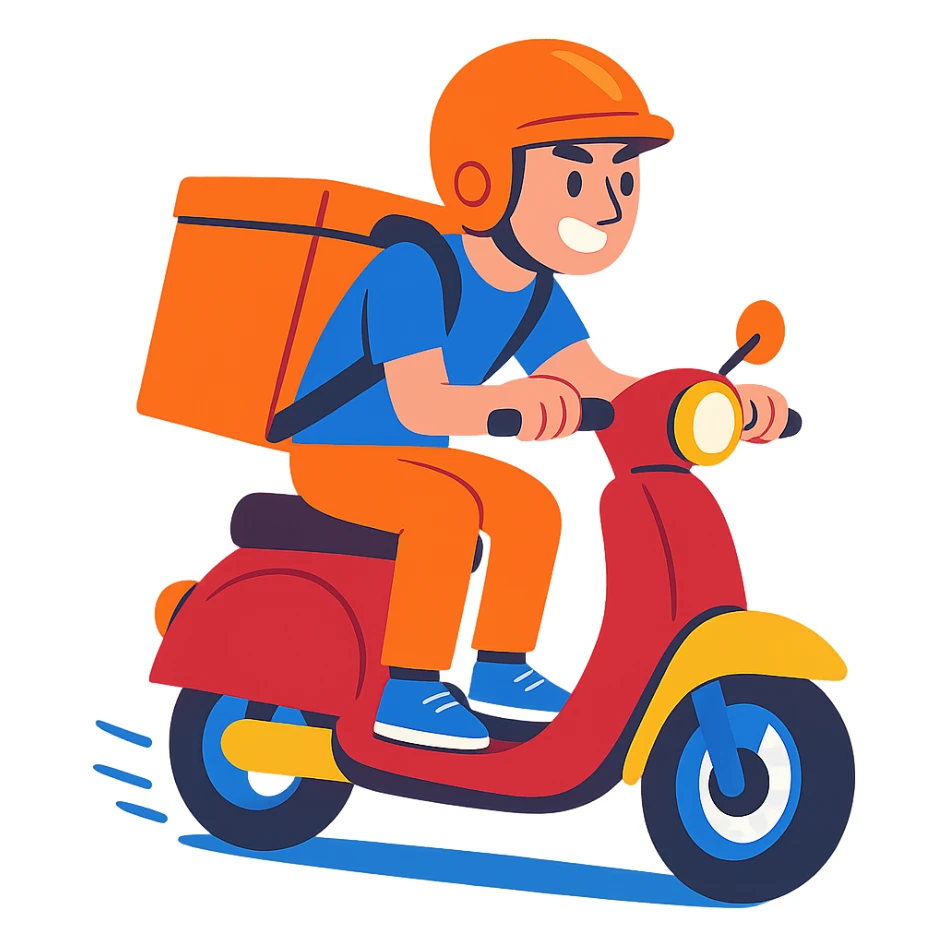 courier riding a moped, colorful cartoon style, dynamic pose sticker