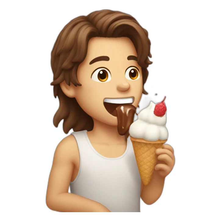 boy with brown long hair licking icecream sticker