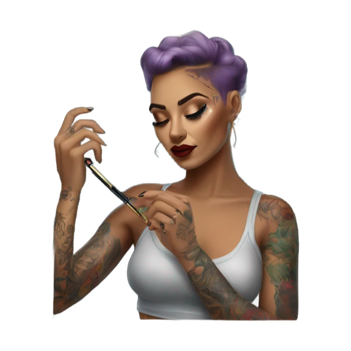 Hyper Realistic Beautiful tattooed woman applying her makeup in a mirror with lights on sticker