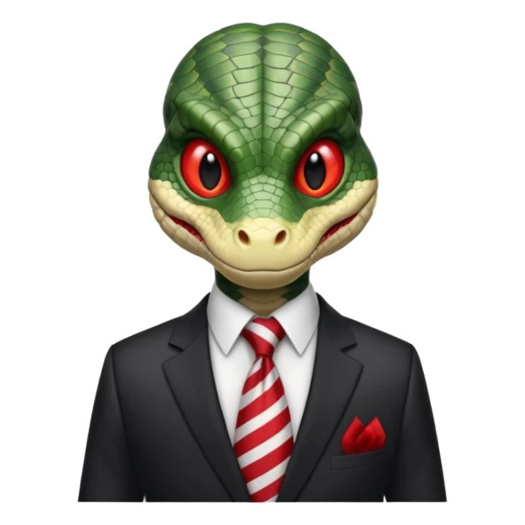 A reptilian humanoid dressing a suit, striped red and white tie, human emoji style, his face is seriously, his eyes is similar to real viper snake eye sticker