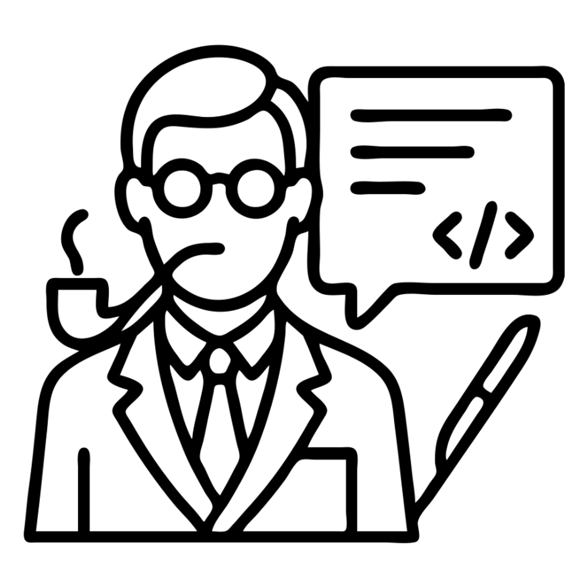 minimal icon of a serious elegant scholar with pipe, glasses, suit, standing before a document with stylized writing hinting at AI chat window, scalpel motif present, color palette inspired by vintage libraries and Cambridge, sophisticated and technical sticker