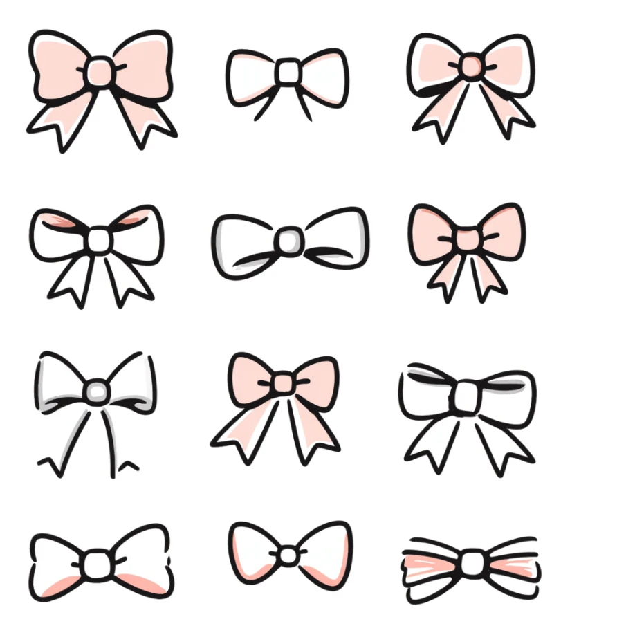 various bow styles including classic, ribbon, double, tied in pastel colors dd9fb0, ffc6d3, a3bfc9, c4bee2, f1b091, hand-drawn doodle style sticker