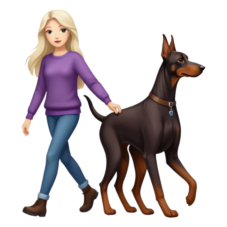 A beautiful long-haired white woman wearing a sweater walking a Doberman sticker