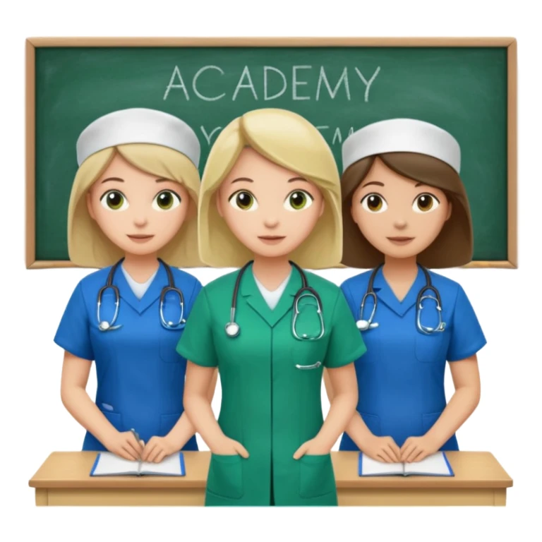3 different nurses, wearing green and blue work clothes, in a classroom, "Academy" written in white on board sticker
