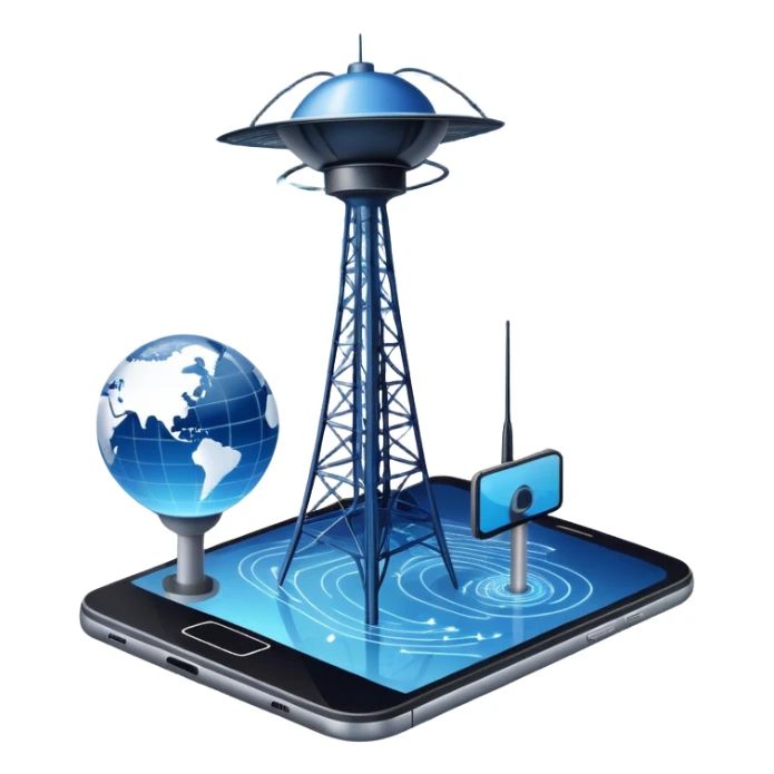 An icon featuring a satellite dish, a cell tower emitting signals, and a smartphone displaying a chat interface. The design includes fiber-optic cables and data waves, symbolizing global communication, connectivity, and information exchange. Transparent background. sticker