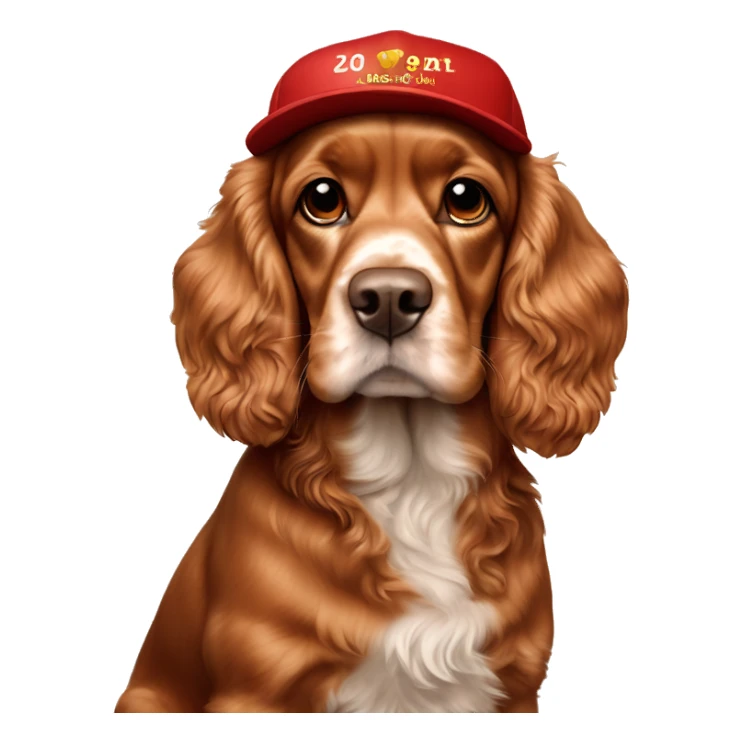 A full-length, adult, red cocker spaniel in a New Year's cap, siting sticker