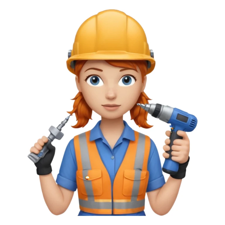 A ginger haired girl blue eyes, handyman Outfit, wearing a Helmet, with drill sticker