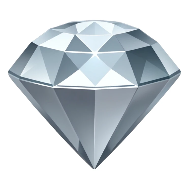 A faceted diamond emoji made of silver chrome, smooth reflective surfaces, soft metallic shine, minimalistic and clean design, iOS emoji style, centered on white background, soft studio lighting sticker