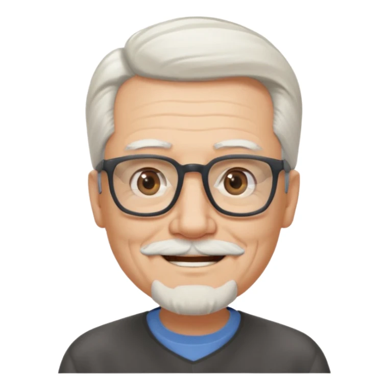 old guy, swept back white hair, blocky face, rectangle frame glasses, goatee sticker