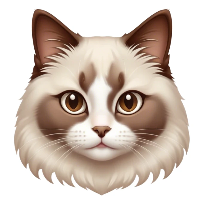 Cinematic Adorable Chocolate-Point Ragdoll Cat Portrait Emoji, Head tilted cutely with big, sparkling eyes, sleek brown and white tones with a sweet white nose, Simplified yet irresistibly adorable features, highly detailed, glowing with a soft, warm glow, high shine, affectionate and playful, stylized with a touch of whimsy, bright and endearing, soft glowing outline, capturing the essence of a curious and loving kitten, so cute it feels like it could leap out of the screen and snuggle up for a cuddle! sticker