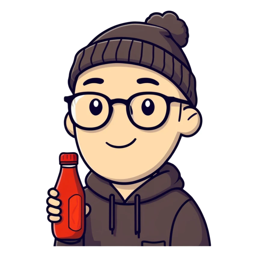white guy with glasses, wearing a black beanie, no eyebrows, holding a bottle of ketchup sticker
