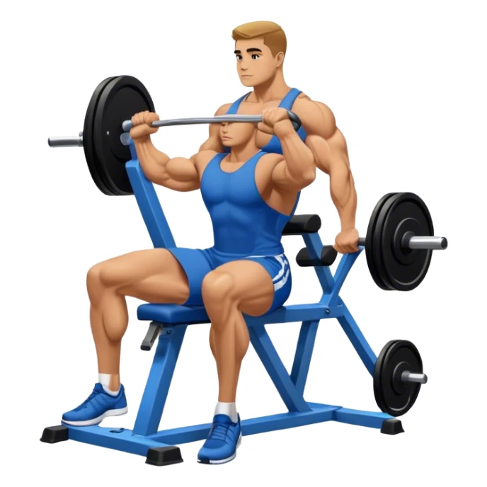 side-view bodybuilder in blue shorts seated weighted calf-raise machine on his tip toes sticker