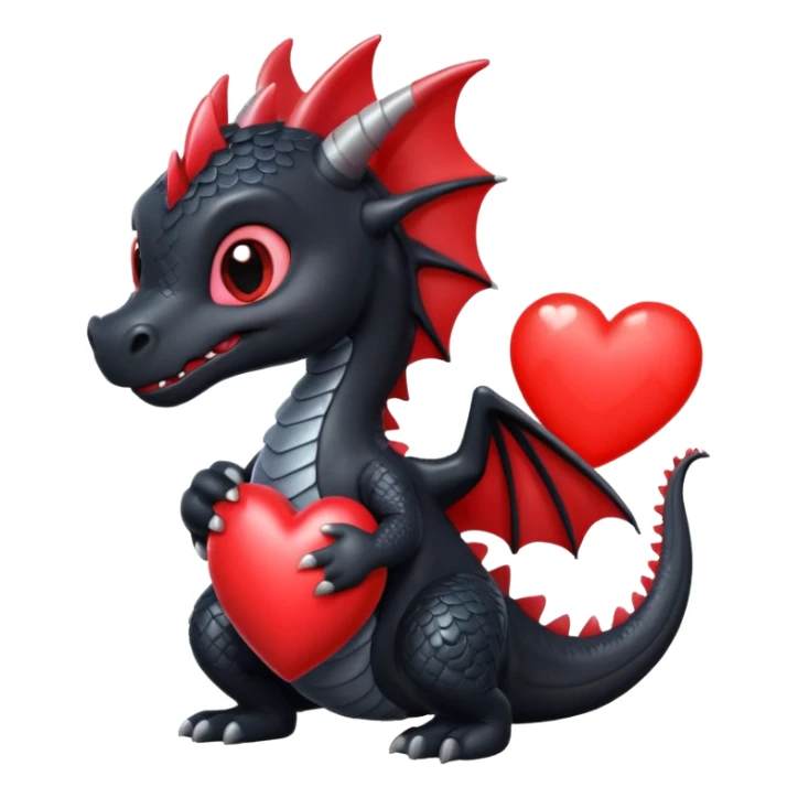 Cute black dragon holding a red heart sticker