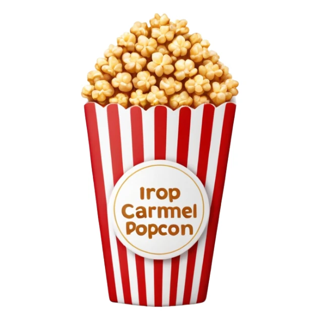 minimalist caramel popcorn in a red and white vertically striped package, golden brown caramel-covered popcorn, no text on package, only red and white stripes, glossy iOS emoji style sticker