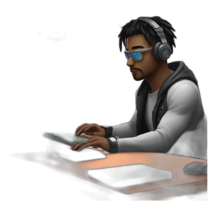 a male is coding at his cyberpunk room, there is a code at his monitor sticker