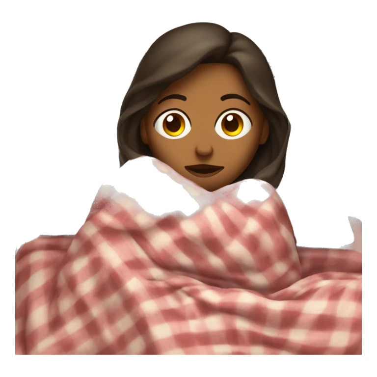 Brunette woman, laying in bed, wrapped in blankets, looking sick sticker