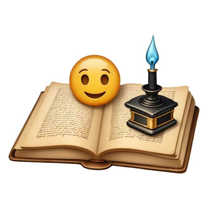 Create a vibrant emoji representing prose writing with an old-style, antique look. The design should include semi-turned pages of an old book with unfinished prose written on them. Add a vintage ink inkwell and a classic fountain pen or quill with black ink. The overall style should evoke a sense of timeless storytelling and literary craftsmanship. Make the background transparent. sticker