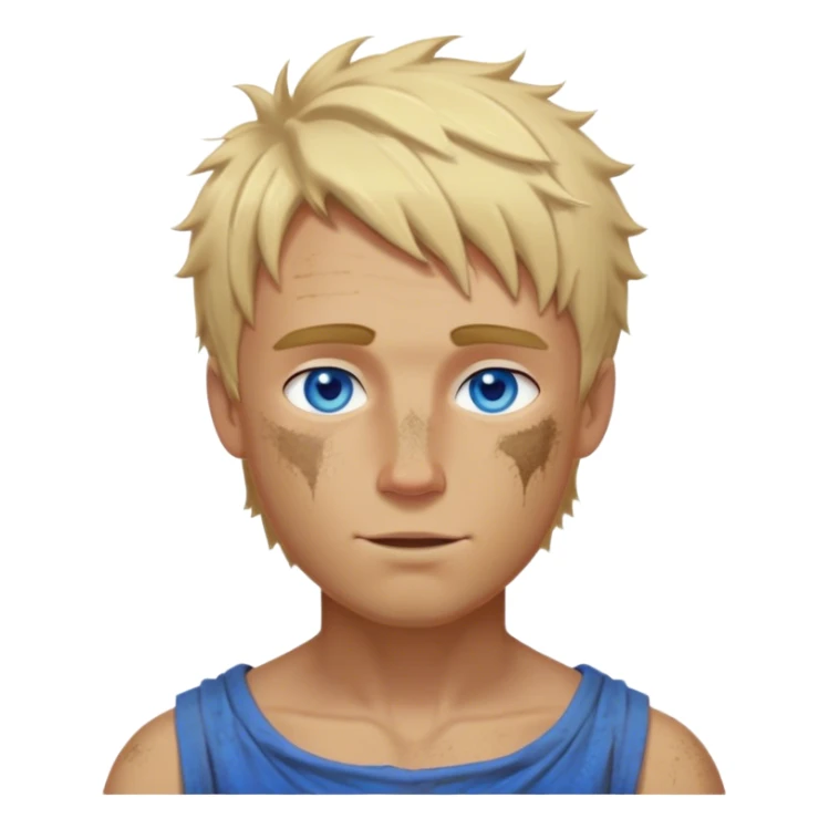 medieval summer look worn by a DnD themed fantasy character. bare upper body with a sun-kissed tan and some dirt marks. The character's haven't arms. character is blonde hair, blue eyes, short messy hair, white-skinned man. sticker