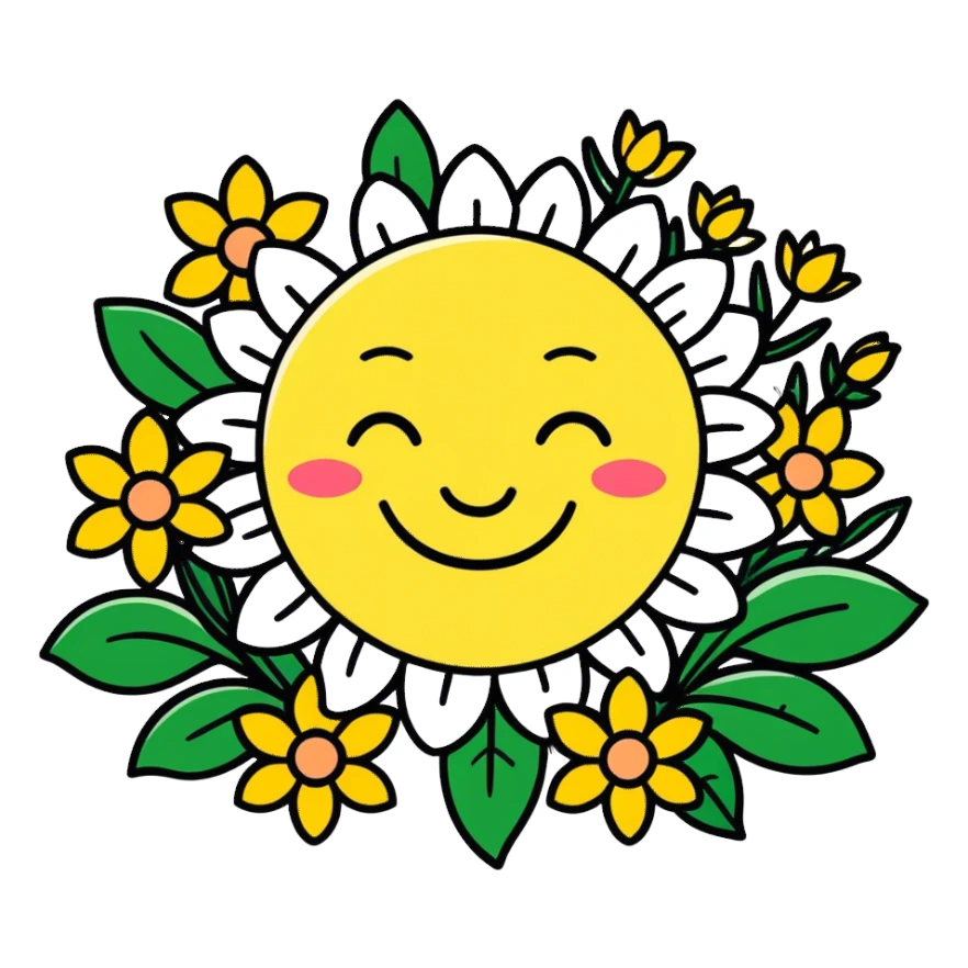 Spring flowers in garden with sun with inscription Good morning  sticker