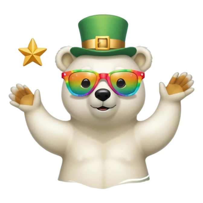 friendly anthropomorphised polar bear wearing oversized colorful star glasses and festive St. Patrick's Day outfit, swimming freestyle with joyful expression sticker