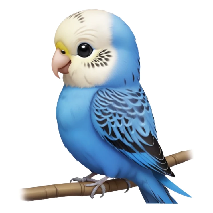 cinematic-cute-blue-budgie-portrait-emoji,-head-tilted-playfully-and-inquisitively,-featuring-a-brilliant-blue-feathered-fur-and white and black feathered face-with-a-natural-sheen,-round,-sparkling-dark-eyes-filled-with-curiosity,-simplified-yet-irresistibly-adorable sticker