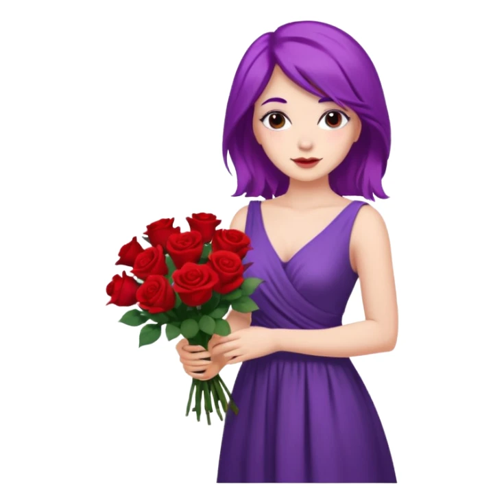 Faça uma mulher de cabelo roxo bem poderosa com vestido bem longo com umas rosas de buquê sticker