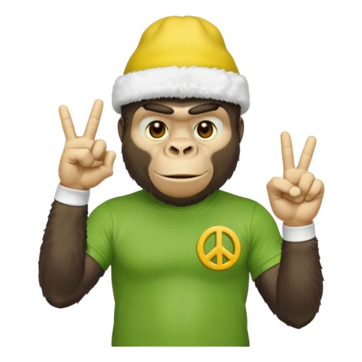 Gorilla wearing white sock hat with green tshirt that has a yellow hand doing the peace sign sticker