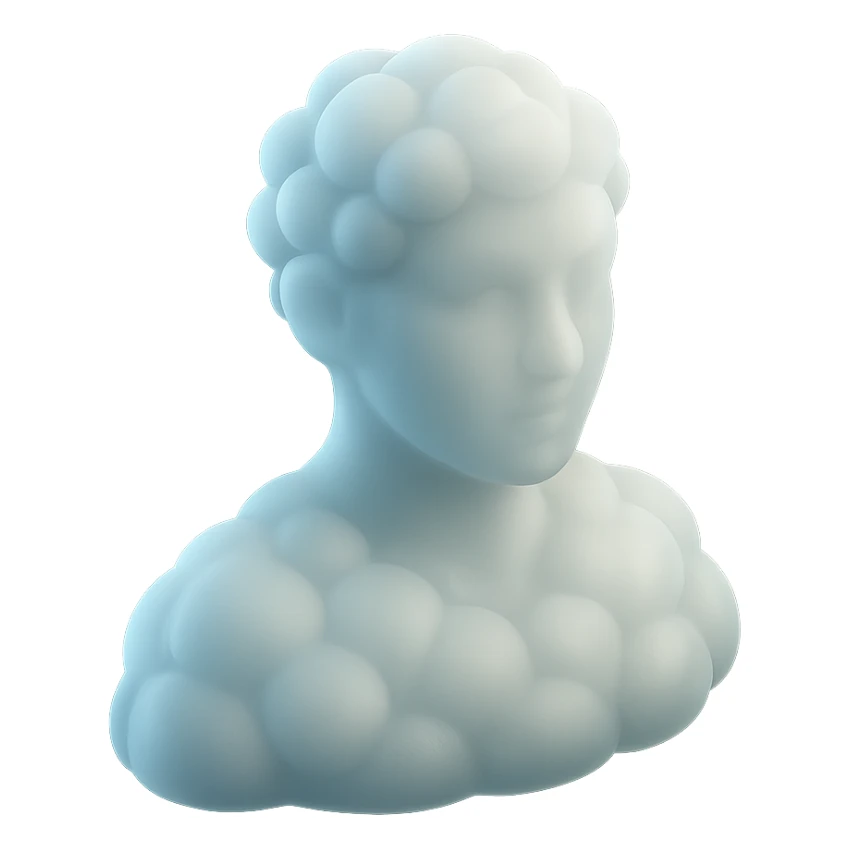 person looking straight, shoulders up, fully composed of white fluffy convex clouds, matte glass style, clouds voluminous and soft sticker