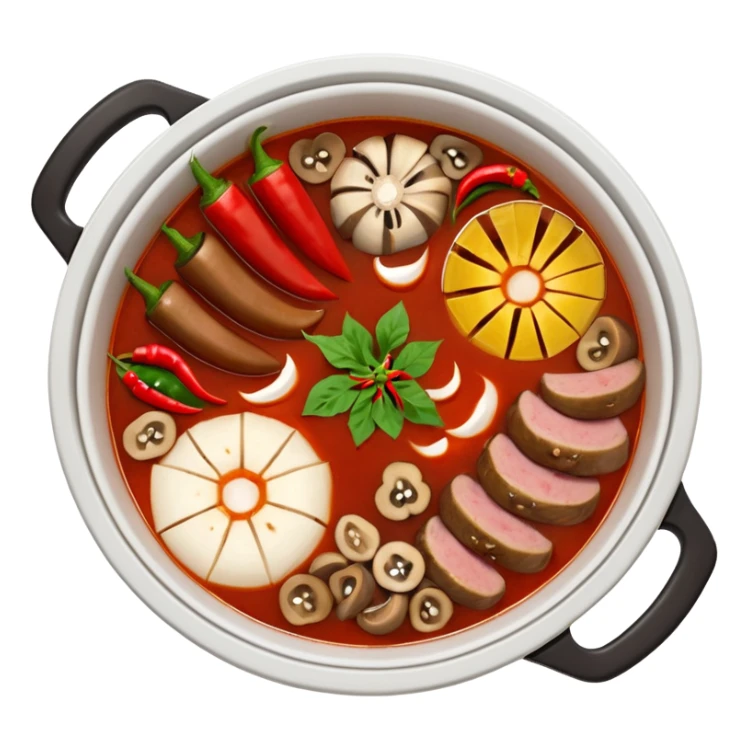 A hot pot emoji in top-down view. The pot is divided into two sections: one with spicy red broth filled with chili peppers, and one with mild white broth. Surround the pot with rolled slices of meat, vegetables, and mushrooms. sticker