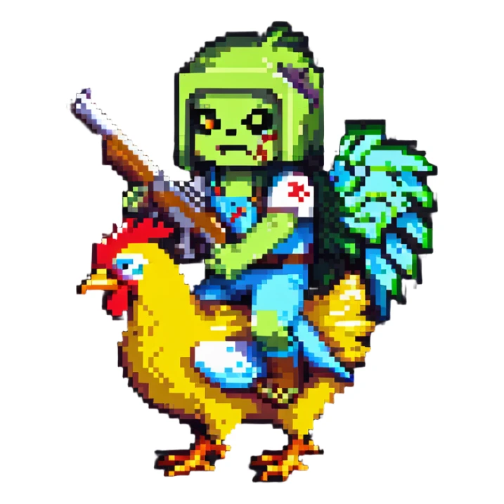baby Minecraft zombie holding a gun while riding a chicken sticker