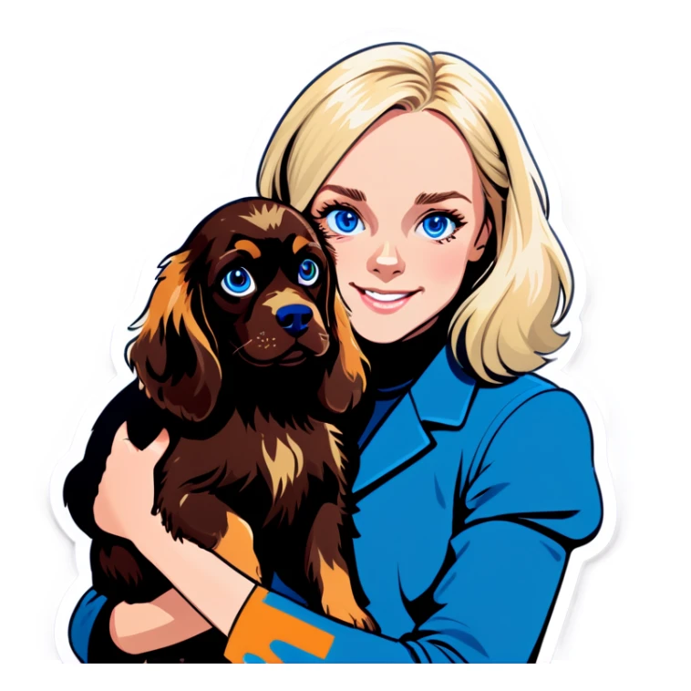 Blonde haired girl with blue eyes holding Boykin spaniel sticker