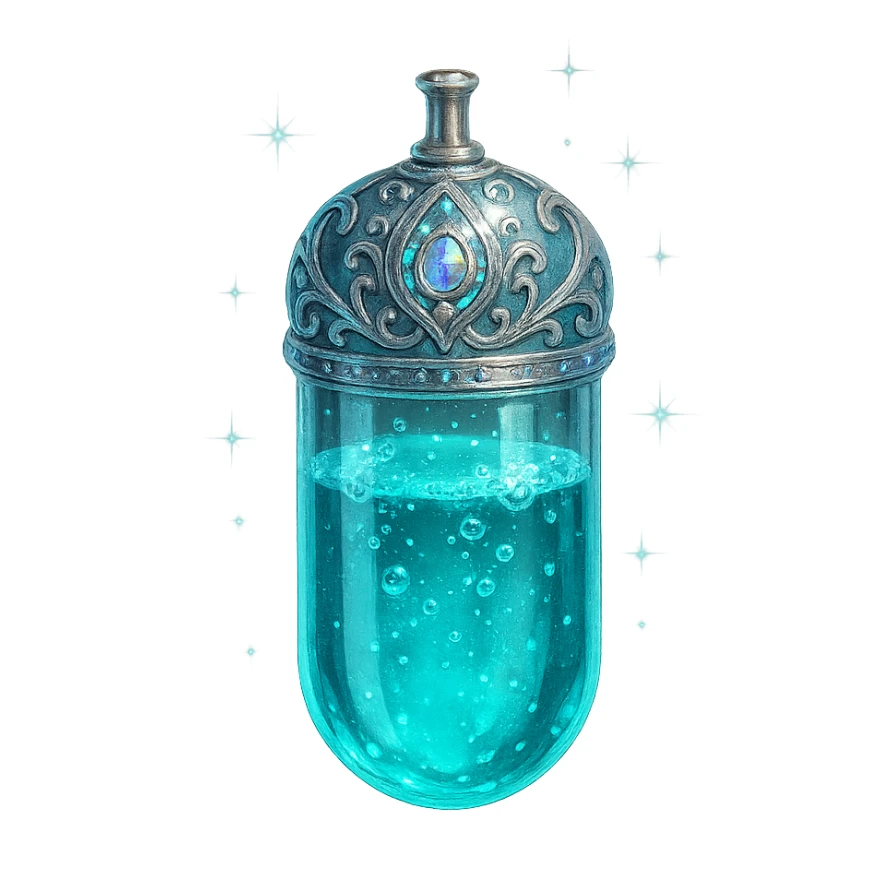 luxurious crystal elixir bottle in capsule (tablet) shape, cyan color, ornate silver and iridescent details, magical glowing and sparkling effects, very small neck, seamless bottom, transparent background, bottle clearly floating in air, no base or shadow, modern, collection style sticker