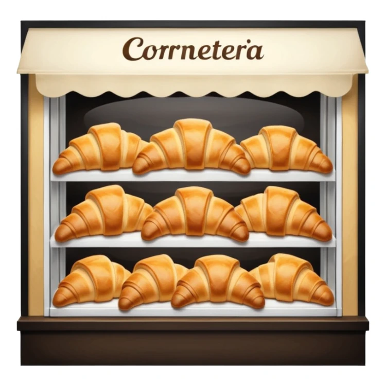 the front window of a bakery named "Cornetteria". With croissants  sticker