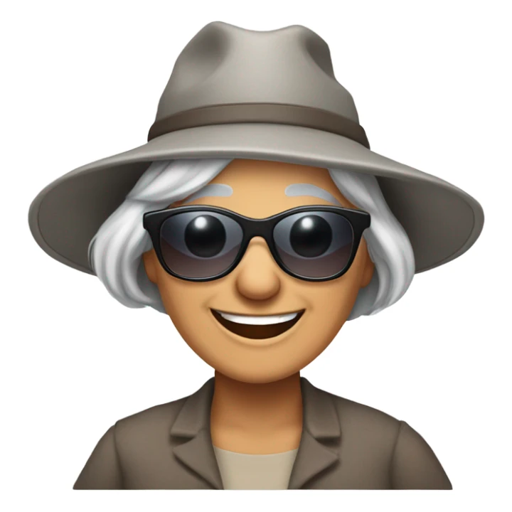 smiling younger grandma with hat and sunglasses , longer grey hair outdoors with a  happy donkey. sticker