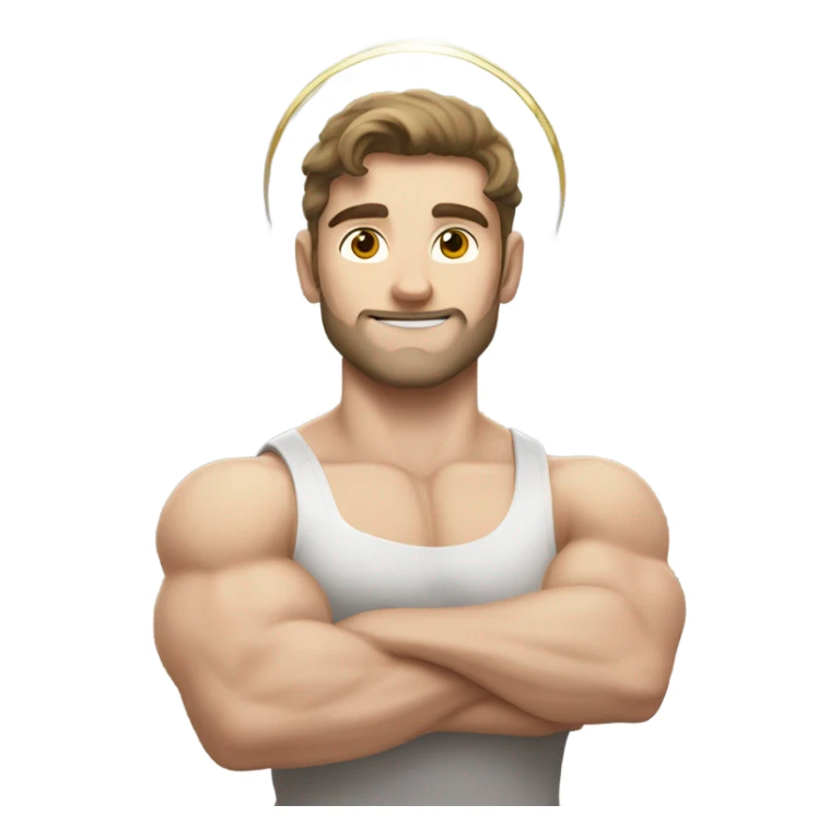pretty muscular pale brunette man flexing with a halo sticker