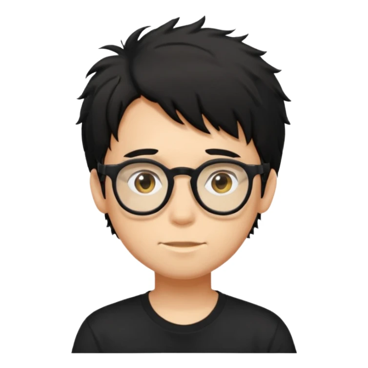 a light tan boy with messy a black hair and spectacles. wearing a black tshirt sticker