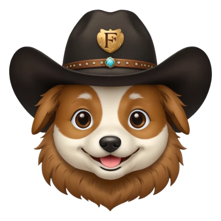 Dog wearing a black cowboy hat with initials FDT sticker