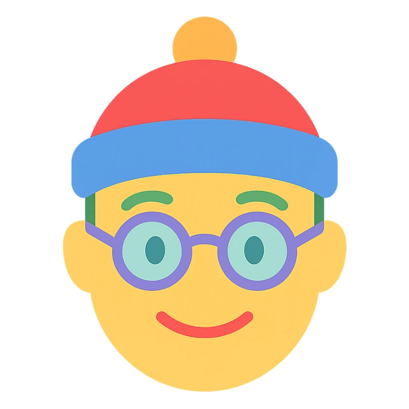 a face wearing a colorful hat and glasses, modern and vibrant colors, icon style sticker