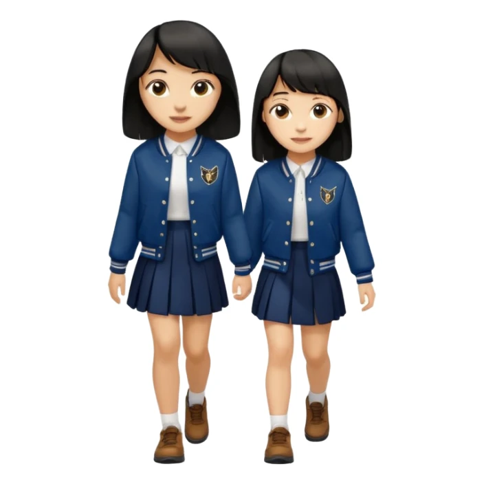 hair : black long hair with fringe 
skin : light 
cloth : deep brown varsity jacket + navy long long school girl skirt 
motion : walking 


 sticker