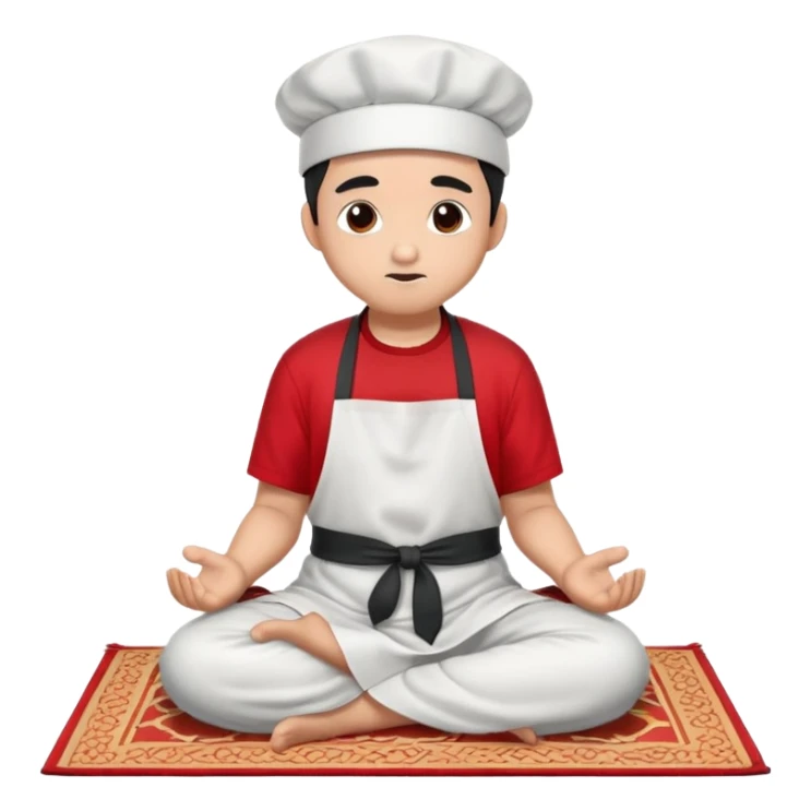 man with panda express hat and apron with red t shirt under praying on muslim prayer mat sticker
