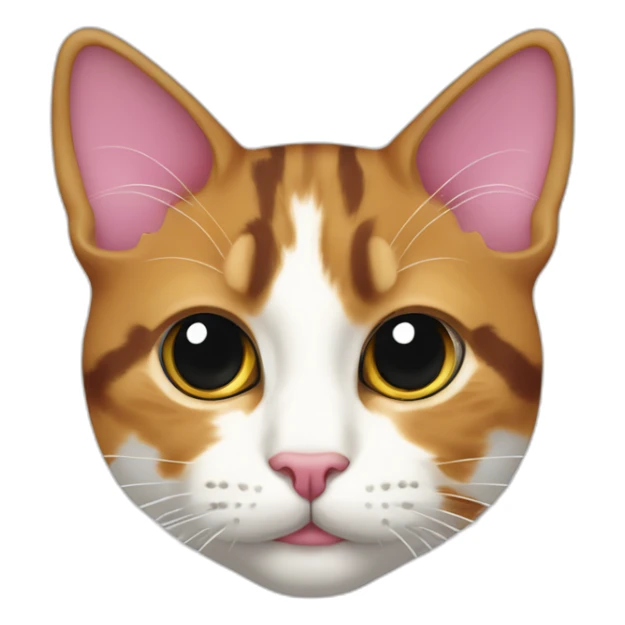 young calico cat face with a pink nose and a white chin sticker
